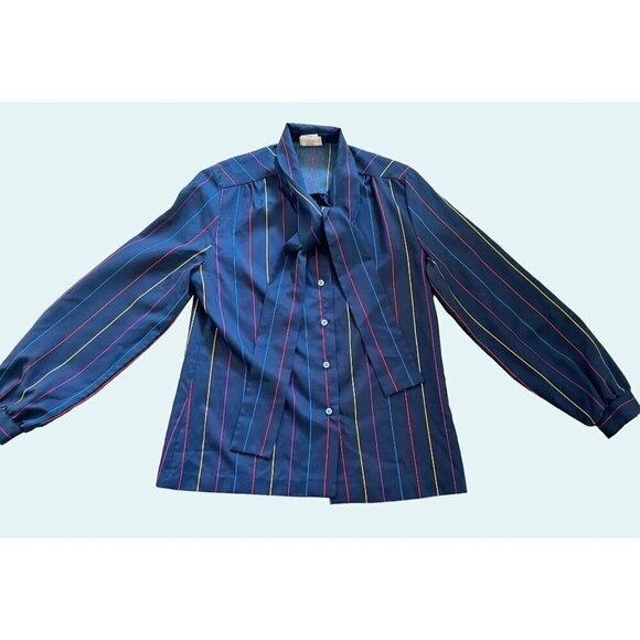Vintage FRESH START Tie Neck Striped Blouse 70s 80s Navy Size Small - Picture 2 of 7